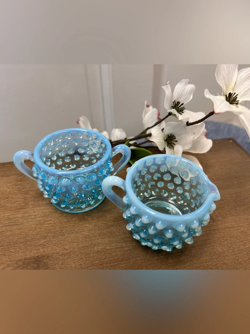 Blue Hobnail Glass Creamer and Sugar Set - Decorative Home Dining